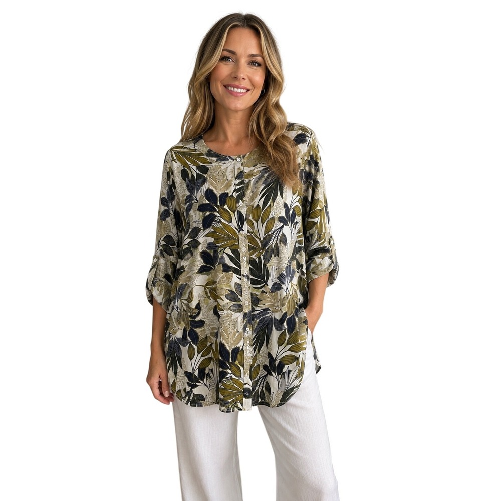 Tahari 100% Linen Button Up Blouse Top 3X Olive Green Blue Tropical Leaf